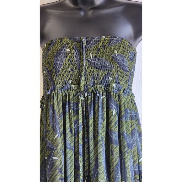 Lapis Women Strapless Sundress L Green Boho Leaf Print High Low Chiffon Festival - Picture 12 of 16